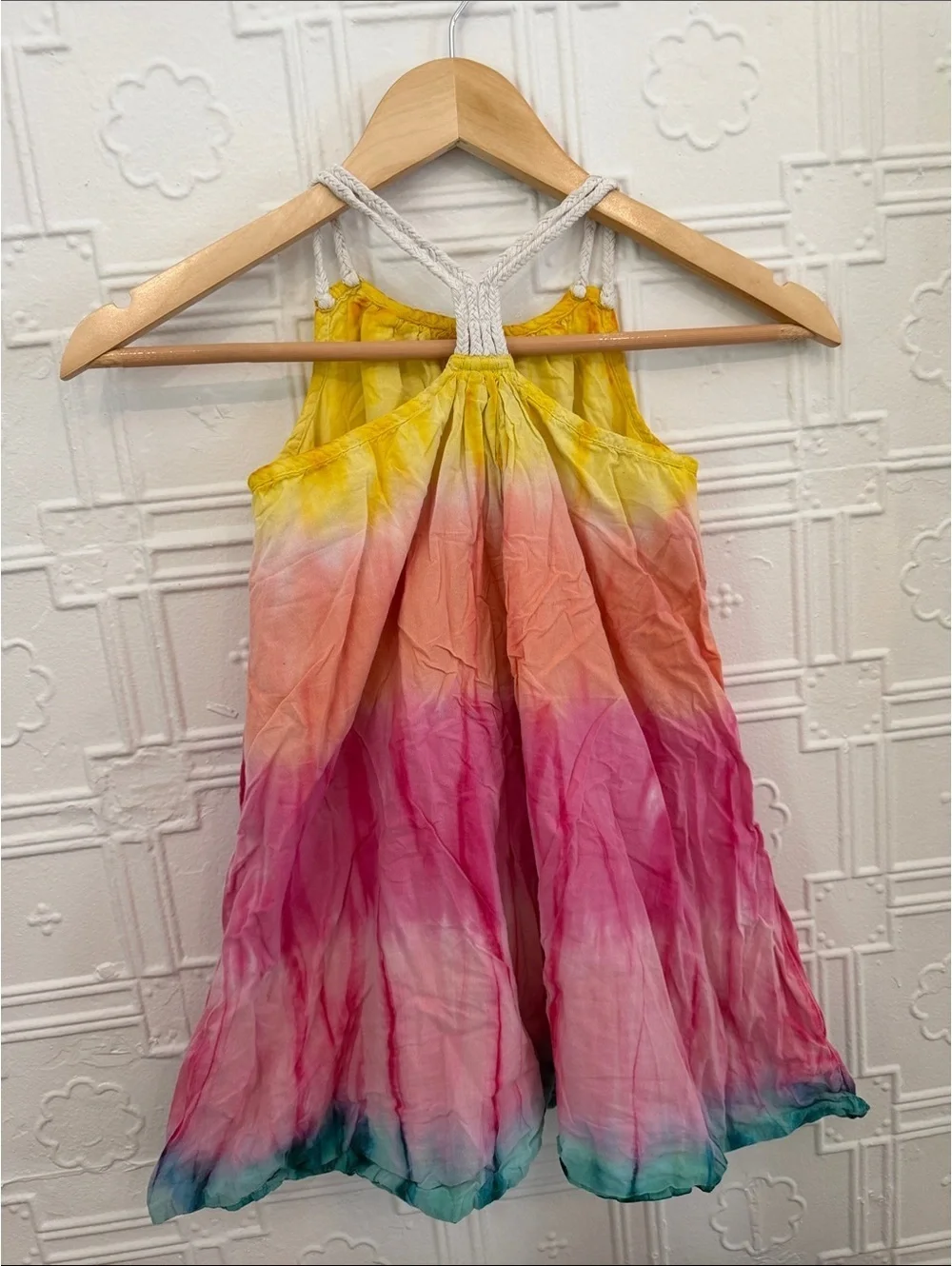 Toddler Girls 5T Tie-Dye Ombre Sundress Yellow Pink Teal Summer Dress